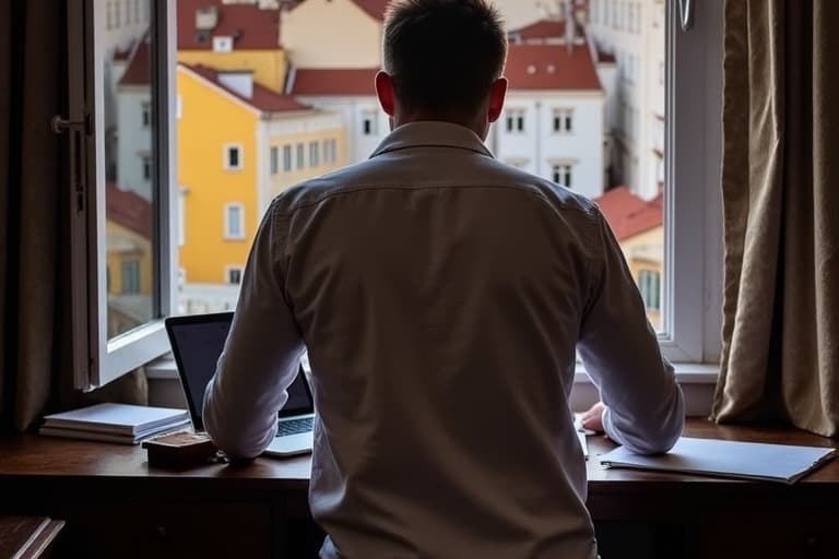Chad writing at a sunlit desk overlooking the city